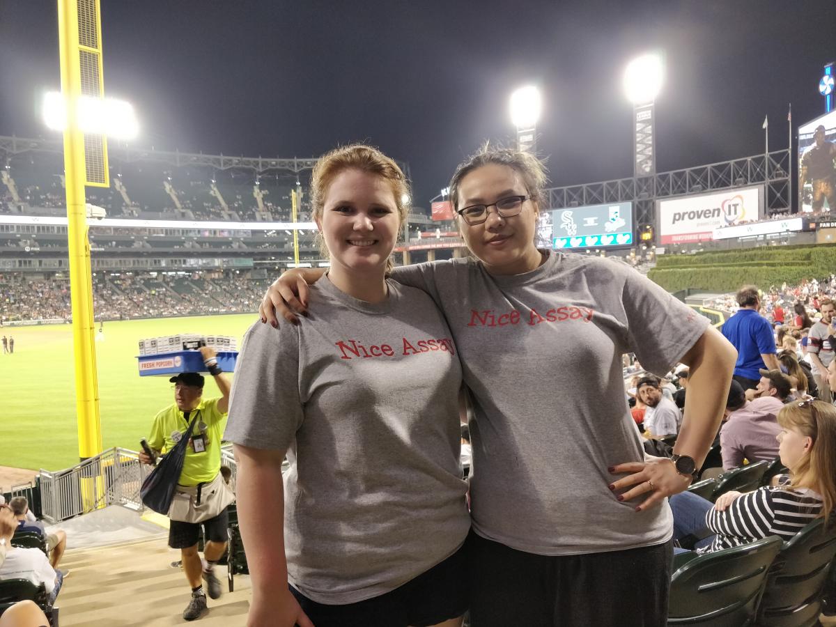 Kelsey Reschly and Sophia Chen enjoying the White Sox game with new AACC shirts. 